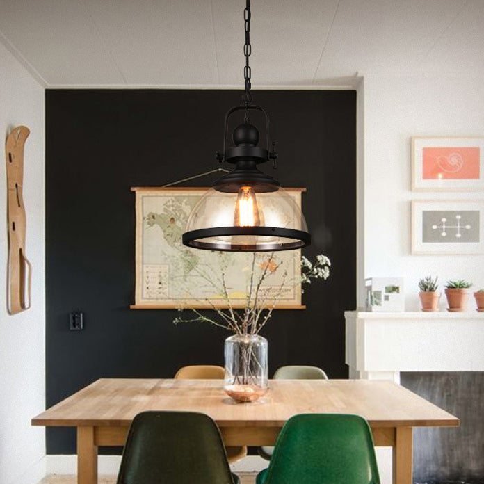 Zeitgenössische industrielle Kuppel Eisen Glas 1-Licht Pendelleuchte für Wohnzimmer 