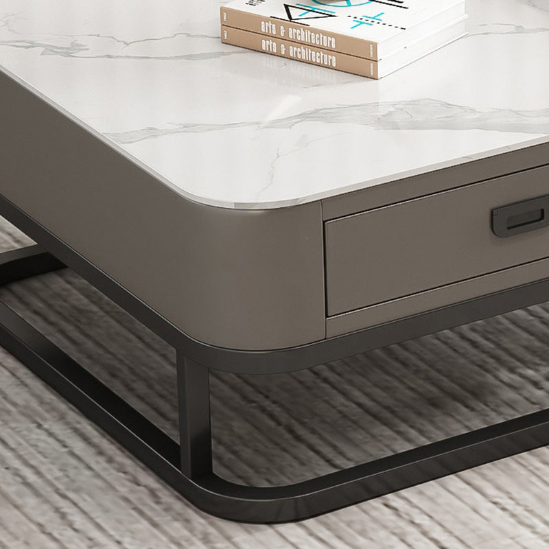 Modern Minimalist Square Rock Slab Glass Carbon Steel Faux Leather MDF Combination Coffee Table 1-Drawer For Living Room