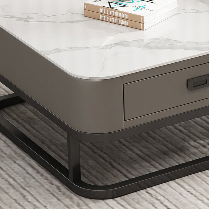 Modern Minimalist Square Rock Slab Glass Carbon Steel Faux Leather MDF Combination Coffee Table 1-Drawer For Living Room