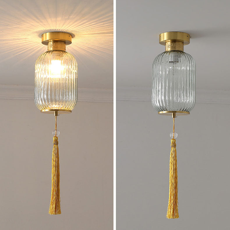 Traditionelle chinesische Laterne, sphärisches Kupferglas, 1-flammig, halbbündige Deckenleuchte für Schlafzimmer 