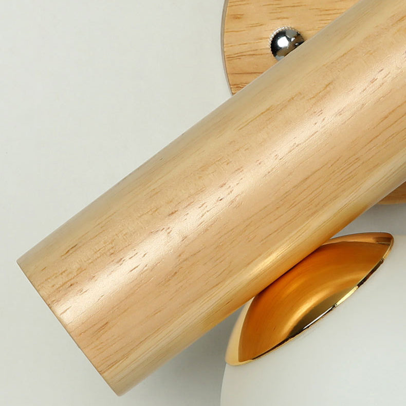 Zeitgenössische skandinavische Zylinderkugel-Wandlampe aus Gummibaumholz mit Glas und 2 Lichtern für das Schlafzimmer 