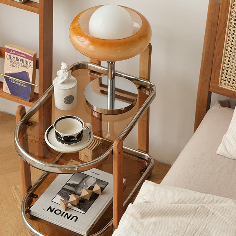 Moderner minimalistischer quadratischer Holz-Glas-Endtisch, zweistufiger Wagen, drehbar für das Wohnzimmer 