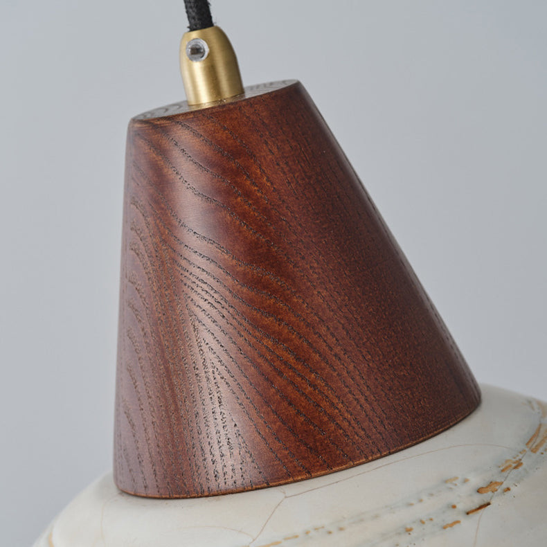 Zeitgenössische Vintage Kuppel Messing Holz Keramik 1-Licht Pendelleuchte für Wohnzimmer 