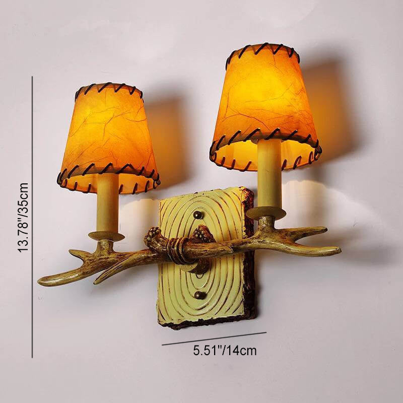 Lámpara de Aplique de Pared de 2 Luces con Pantalla de Papiro Falso de Resina de Hierro de Cornamenta Vintage Tradicional para Sala de Estar 