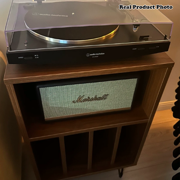 Moderner minimalistischer rechteckiger Schallplatten-Aufbewahrungsschrank aus Spanplatte und Metall, 2 Ebenen, für das Wohnzimmer 