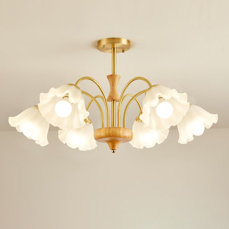 Lámpara de araña tradicional francesa redonda de cobre con vidrio y madera con 4/6/8 luces para sala de estar 