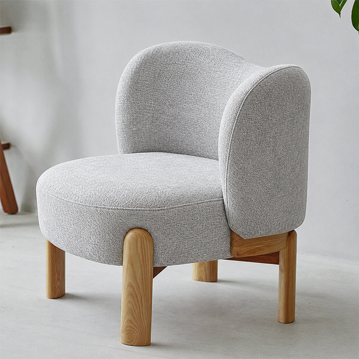 Sillón auxiliar contemporáneo de lujo redondo con tapizado de chenilla y patas de madera de caucho, respaldo envolvente, para sala de estar 