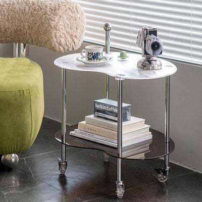 Table de bout contemporain en acrylique nuage nordique en acier inoxydable avec roue en cristal à 2 niveaux pour salon 