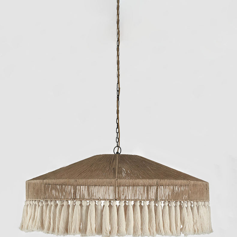 Contemporary Boho Linen Rope Tassel Round 1-Light Pendant Light For Dining Room