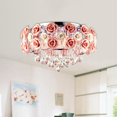 Moderne Minimaliste Rose Ronde Cristal Branche Cristal Fer 5/6 Lumière Plafonnier Pour Chambre 