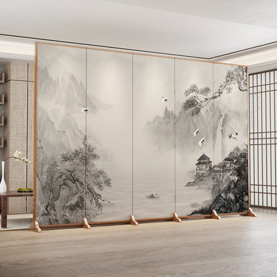 Traditional Chinese Rectangular Fir Wood Solid Wood Plywood Cotton Canvas Room Divider For Living Room