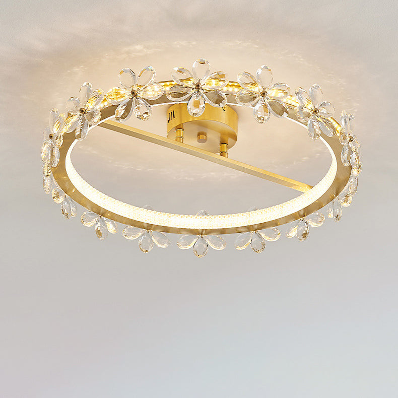 Modern Luxury Round Petal Full Copper Crystal LED Semi-Flush Mount Ceiling Light For Bedroom