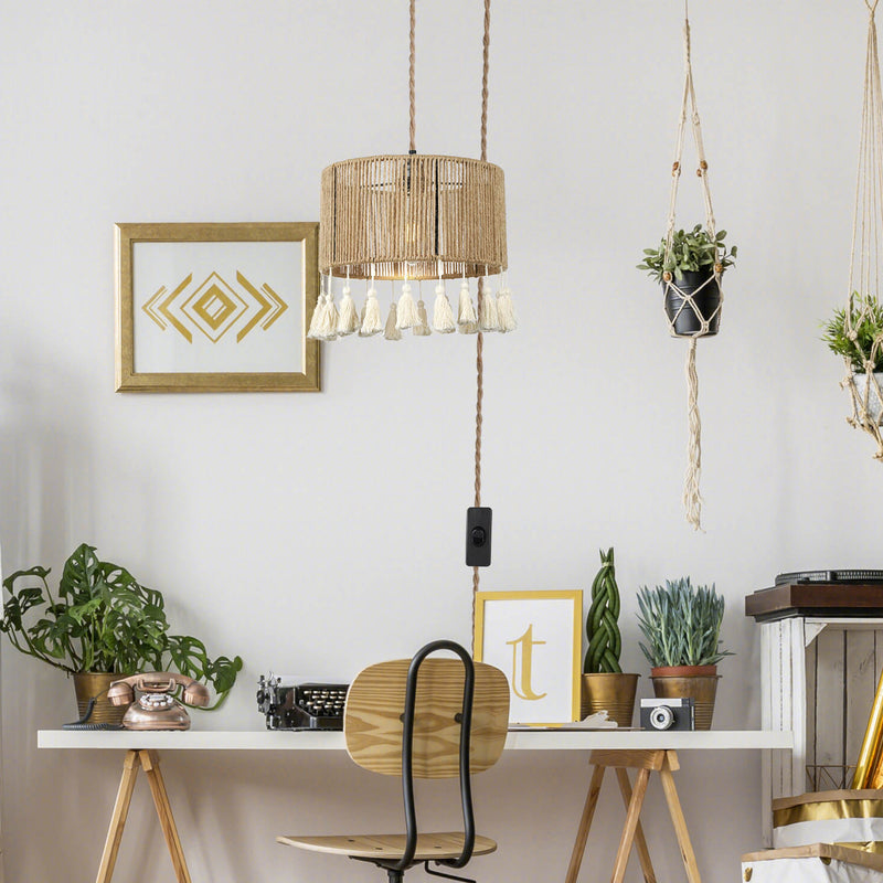 Moderne Küsten-Pendelleuchte mit runder Quaste aus Hanfseil und Rattan, 1 Licht, für Schlafzimmer 