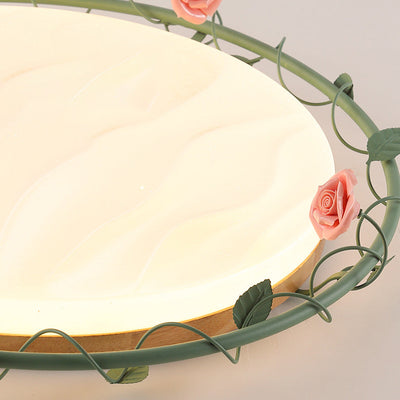 Contemporary Creative Round Square Rose Leaf Iron Rubberwood Acrylic LED Flush Mount Ceiling Light For Bedroom