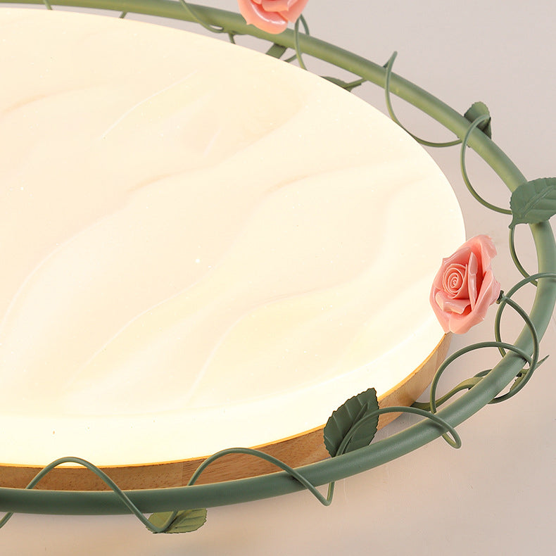 Contemporary Creative Round Square Rose Leaf Iron Rubberwood Acrylic LED Flush Mount Ceiling Light For Bedroom