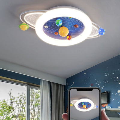 ضوء سقف LED مثبت بشكل مسطح لغرفة النوم بتصميم حديث بسيط للأطفال مع كوكب دائري مصنوع من الحديد والراتنج والأكريليك 