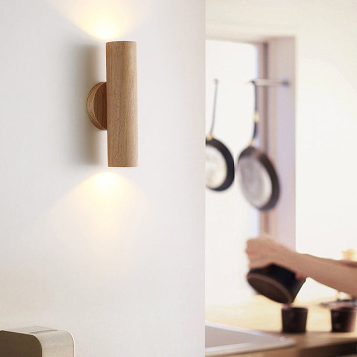 Applique murale LED en bois de caoutchouc cylindrique japonais traditionnel pour chambre à coucher 