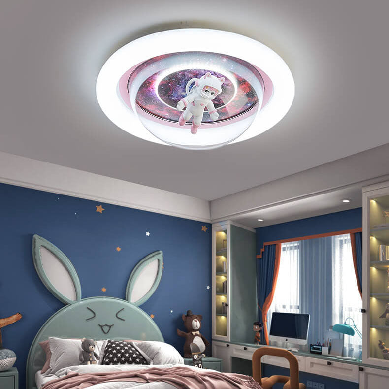 Contemporary Creative Cartoon Pink Astronaut Unicorn Round Acrylic Resin LED Flush Mount Ceiling Light For Bedroom