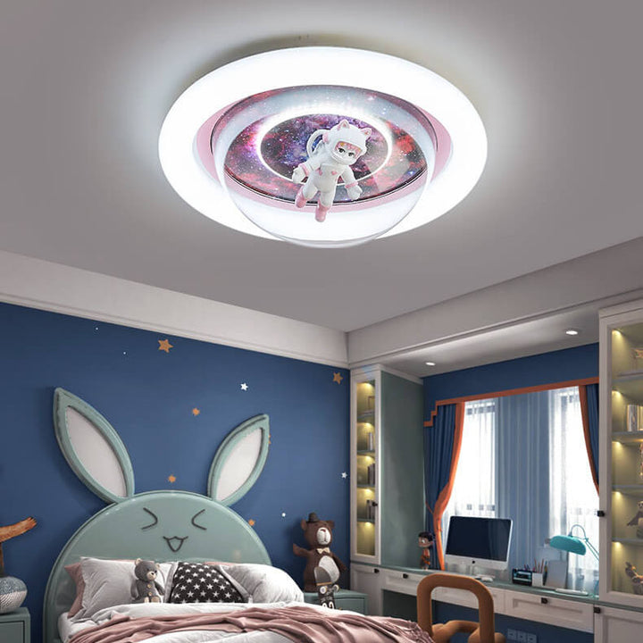 Contemporary Creative Cartoon Pink Astronaut Unicorn Round Acrylic Resin LED Flush Mount Ceiling Light For Bedroom