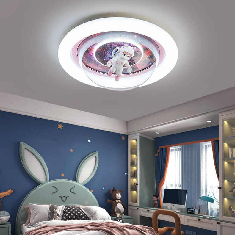 Modern Cartoon Pink Astronaut Unicorn Round Acrylic Resin LED Flush Mount Ceiling Light