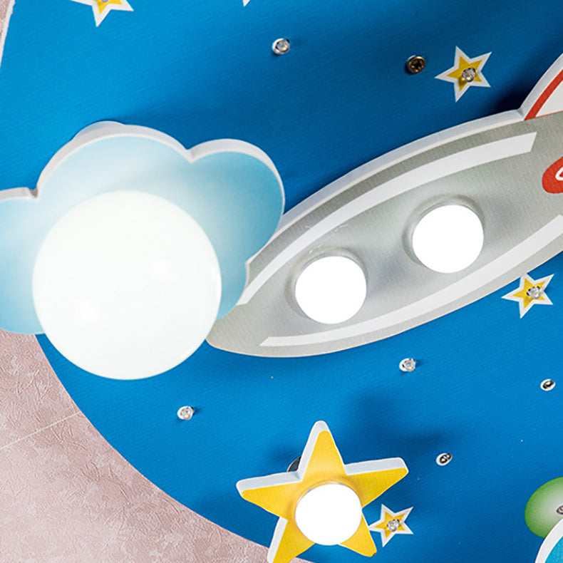 Moderna lámpara de techo LED de estilo Art Deco para niños con cohete redondo de madera y plástico y cielo estrellado para dormitorio 