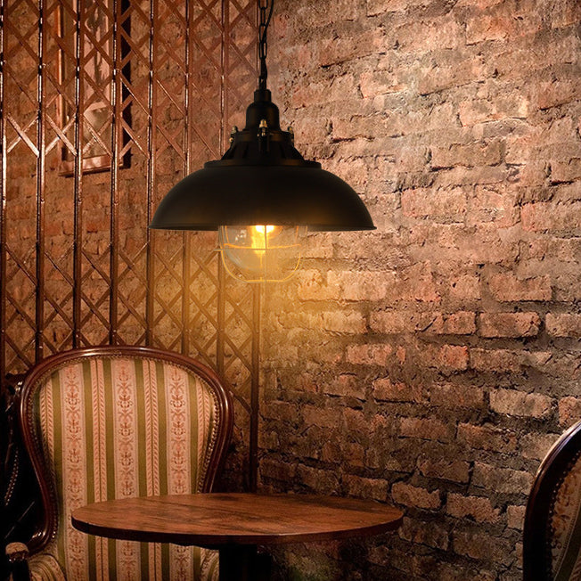Lustre suspendu à 1 lumière en fer avec couvercle rond colonial traditionnel pour salon 