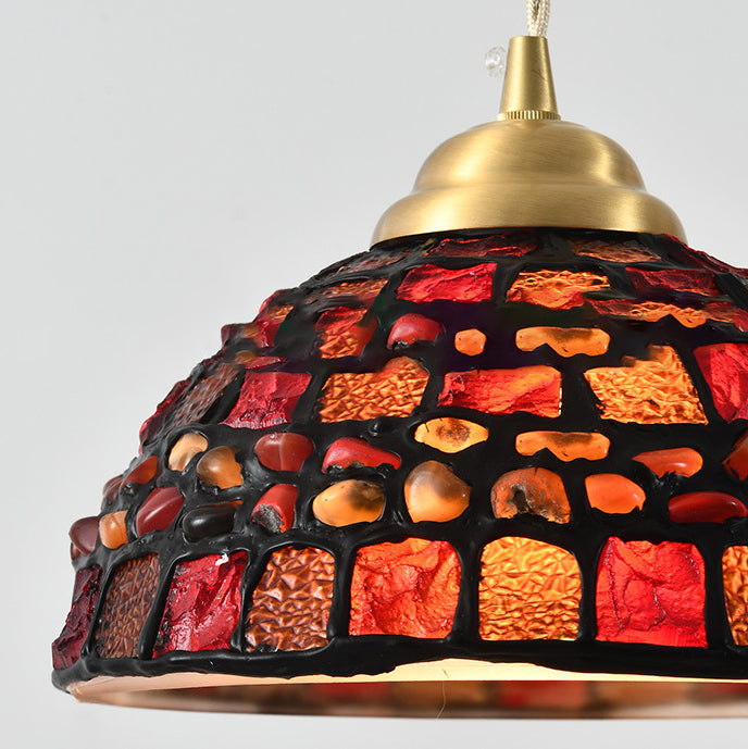 Lustre suspendu à 1 lumière avec design en coquille demi-ronde en vitrail de laiton traditionnel japonais pour chambre 