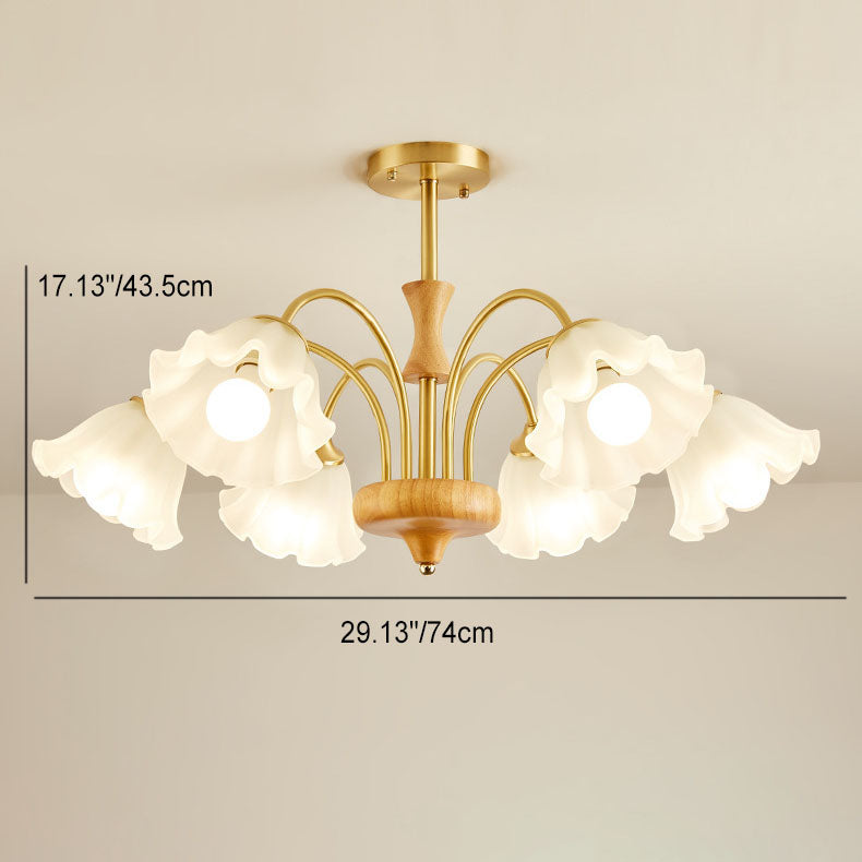 Lámpara de araña tradicional francesa redonda de cobre con vidrio y madera con 4/6/8 luces para sala de estar 