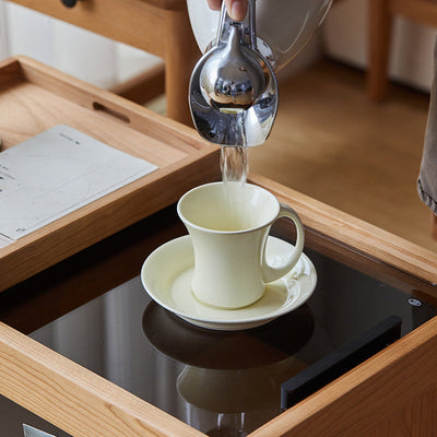 Mesa de café rectangular de vidrio y madera escandinava contemporánea de 2 niveles para sala de estar 