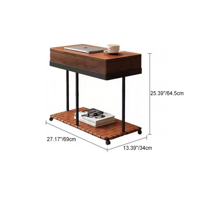 Traditional Vintage Removable Rectangle Solid Wood Iron Saddle-Style Faux Leather Side Table 2-Tier For Living Room