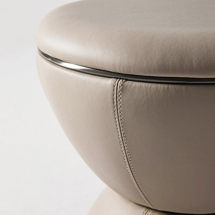 Tabouret bas rond minimaliste moderne en forme de sablier en cuir microfibre et acier inoxydable pour salon 