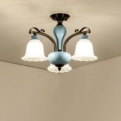 European Modern Minimalist Flower Cup Iron Ceramic Glass 3/6/8/10 Light Semi-Flush Mount Ceiling Light