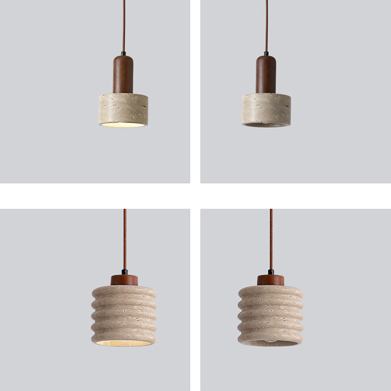 Lustre Suspendu 1 Lumière en Bois Massif Travertin Cylindre Vintage Traditionnel pour Chambre 