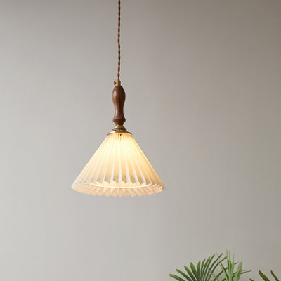 Vintage 1-Light Pleated Fabric Conical Pendant Light