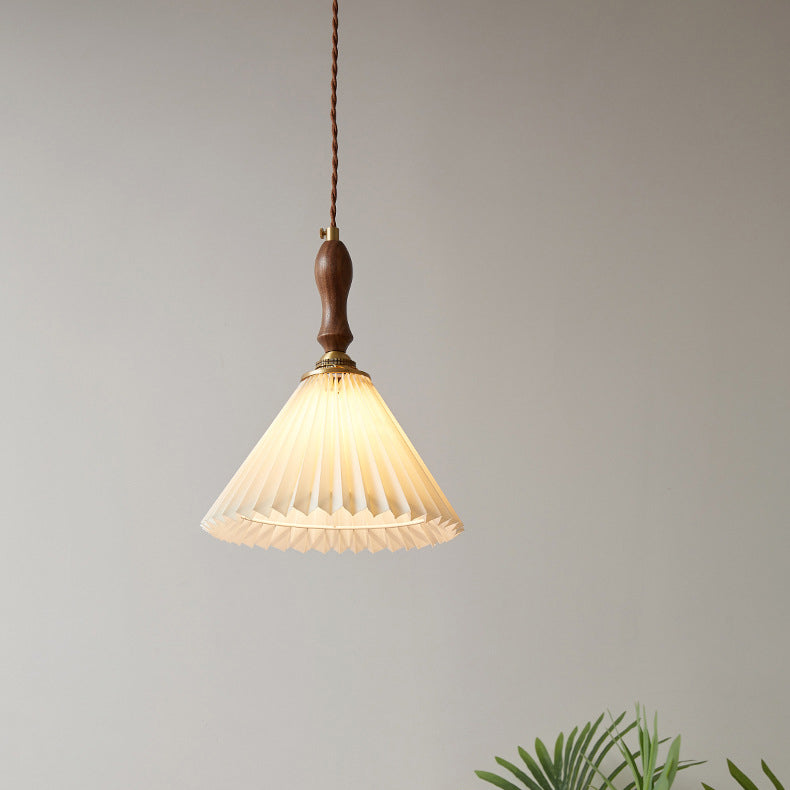 Vintage 1-Light Pleated Fabric Conical Pendant Light