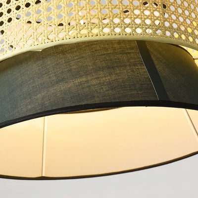 Traditional Japanese Rattan Weaving Fabric Round Shade 1-Light Pendant Light For Dining Room