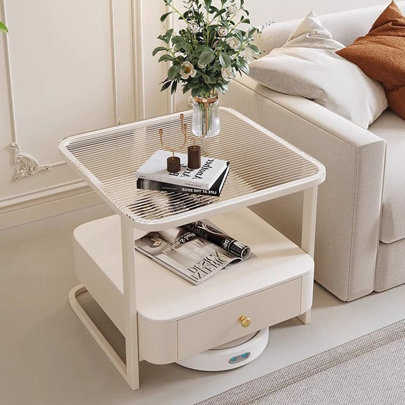 Mesa auxiliar contemporánea nórdica cuadrada de vidrio, metal y madera de 2 niveles para sala de estar 