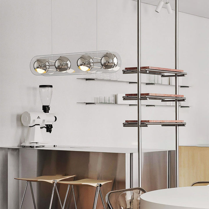 Modern Mid-Century Rectangular Round Globe Iron Acrylic 4-Light Island Light Chandelier For Dining Room