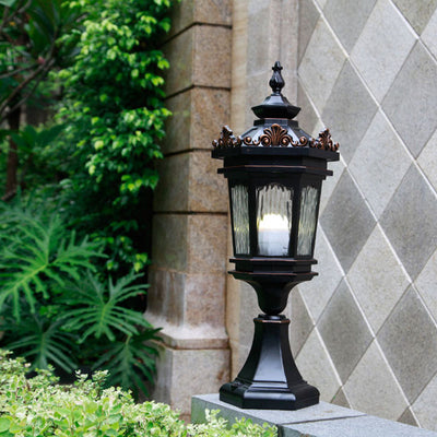 Luz de Poste de Cabeza de 1 Luz de Vidrio de Aluminio Cilíndrico Hexagonal Europeo Tradicional para Patio Exterior 