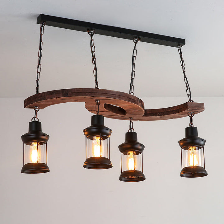 Traditional Japanese Wood Double Moon Design Iron Glass Bottle Shade 4-Light Island Light Chandelier For Dining Room