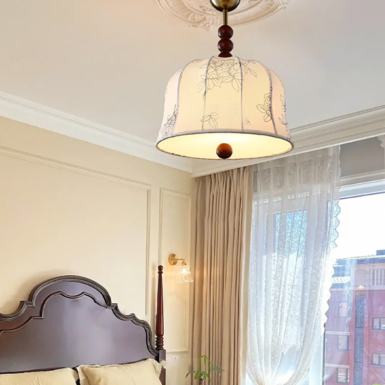 Lámpara colgante de 1 luz de tela floral redonda romántica francesa tradicional de madera y metal para dormitorio 