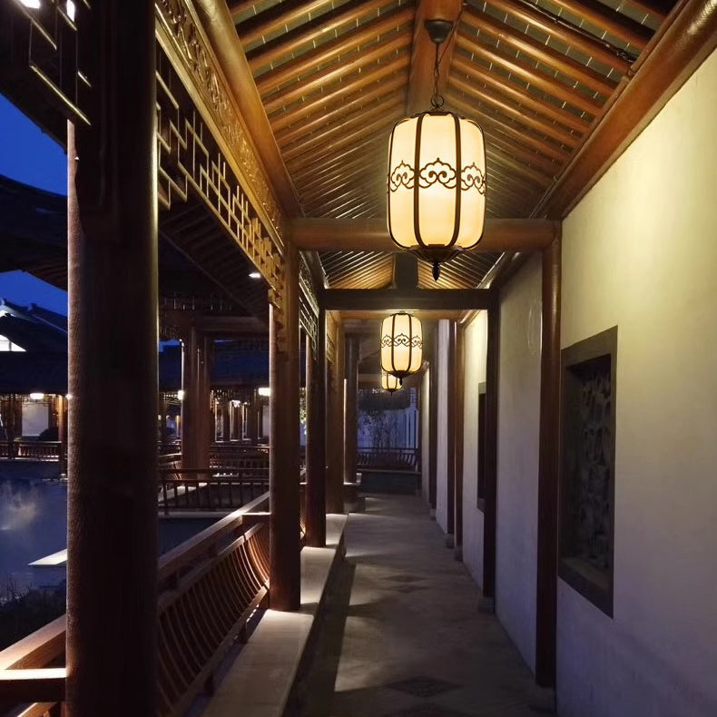 Pantalla de Linterna de Mármol de Imitación Chino Tradicional de Aluminio 1-Luz Impermeable Lámpara Colgante para Patio Exterior 