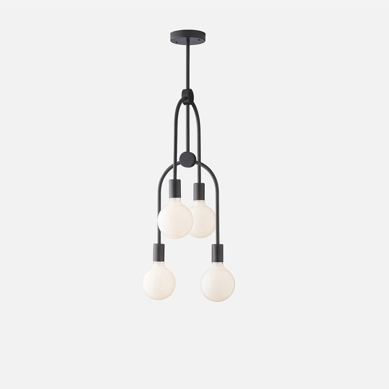 Moderner minimalistischer 4-flammiger Kronleuchter aus Aluminium, Eisen und Glaskugeln für das Wohnzimmer 