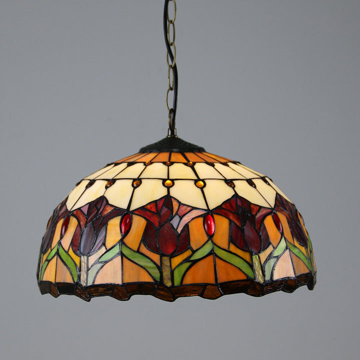 Traditional Tiffany Round Leaf Tulip Hardware Stained Glass 1 Light Chandelier For Living Room