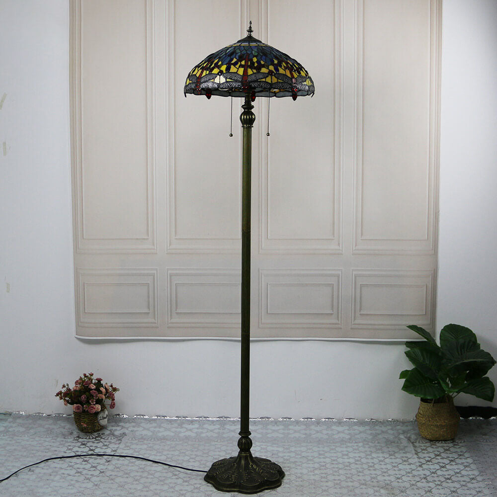 Lámpara de pie de 2 luces con cúpula de resina de vidrio teñido de libélula vintage de Tiffany 