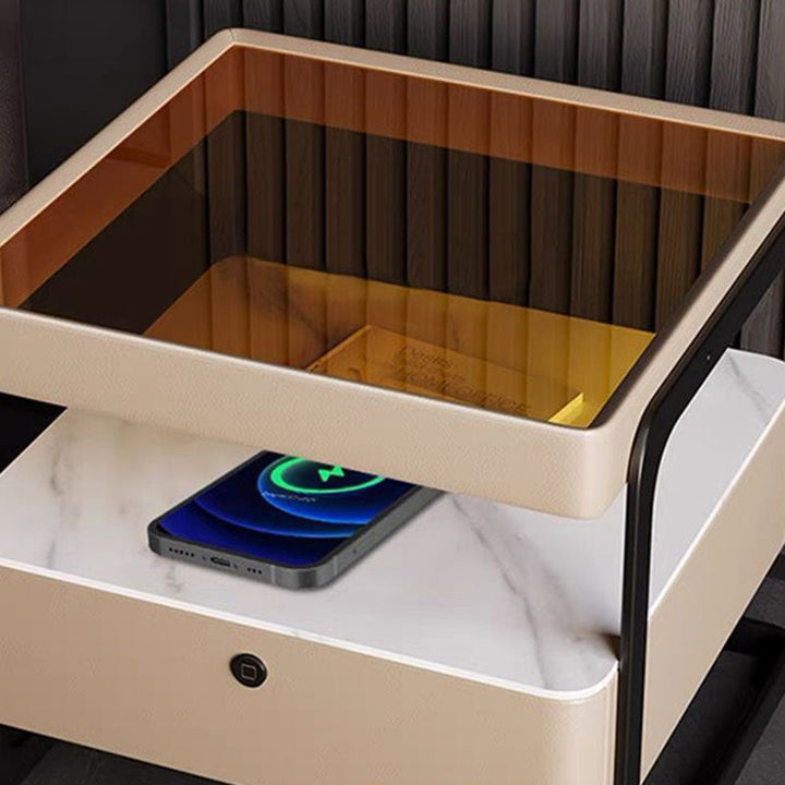 Zeitgenössischer nordischer rechteckiger verstärkter Glaslederplatte Eisenholz Nachttisch mit 1 Schublade für das Schlafzimmer 