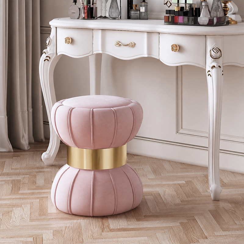 Modern Minimalist Round Velvet Plywood Titanium Gold Brushed Stainless Steel Vanity Stool Backless Armless For Bedroom