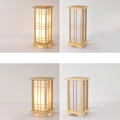 Traditional Japanese Wood Acrylic Pillar Rectangular 1/2/3 Light Standing Floor Lamp For Bedroom
