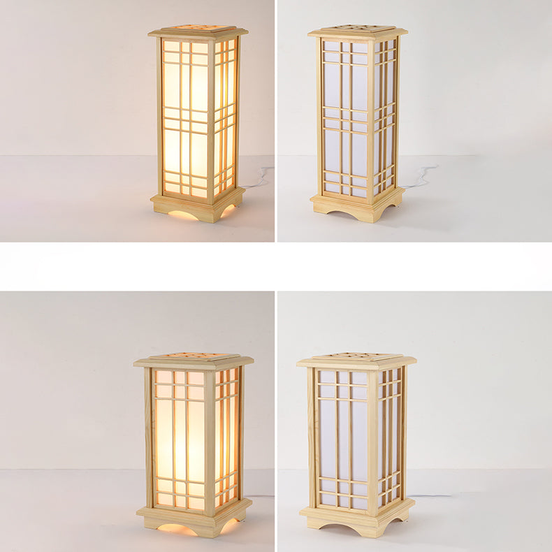 Traditional Japanese Wood Acrylic Pillar Rectangular 1/2/3 Light Standing Floor Lamp For Bedroom