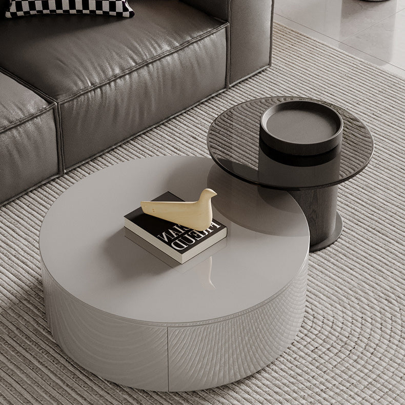 Modern Minimalist Round Plywood Metal Glass Coffee Table Set 2-Drawer For Living Room